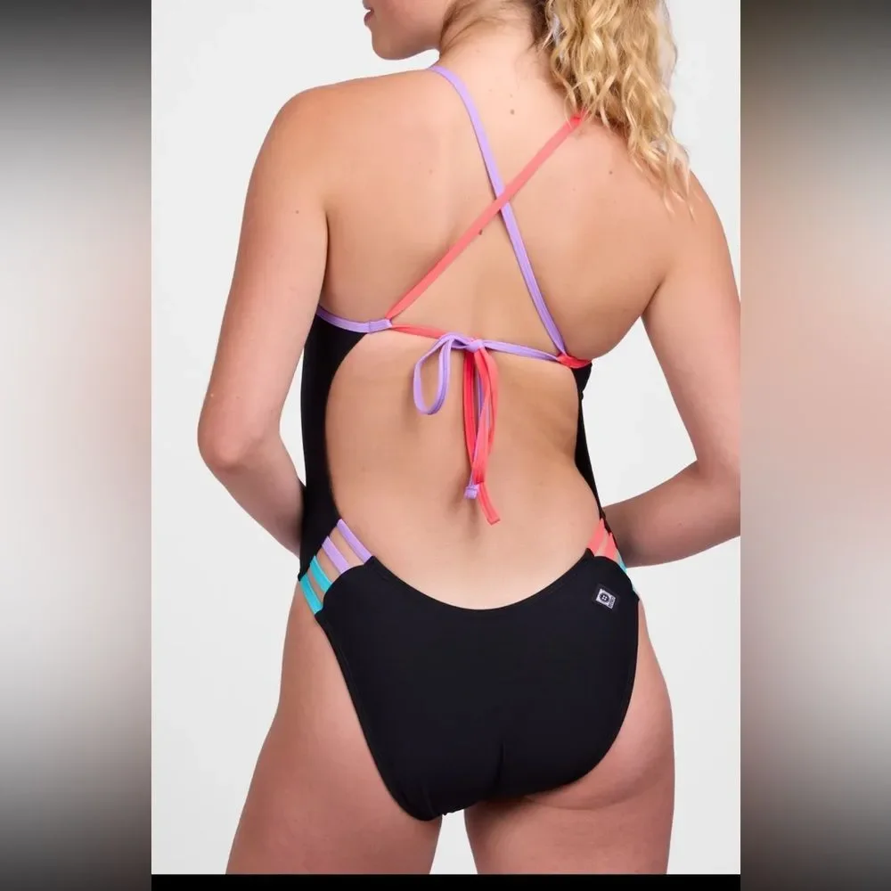 NWT New JOLYN Gavin Tie Back Swimsuit Black Contrast Rainbow Trim Pink Purple 26 - Picture 3 of 6